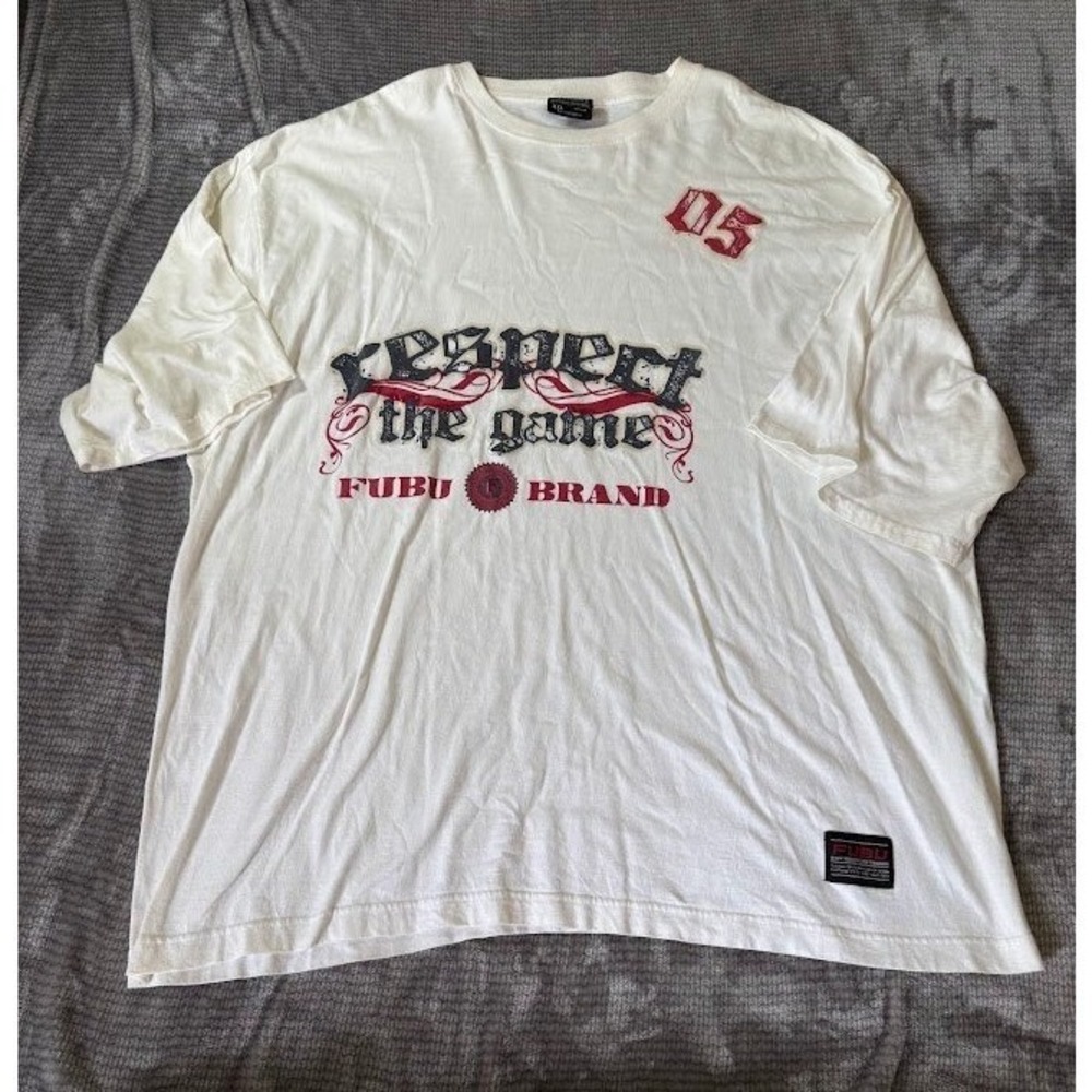 FUBU Respect the Game Graphic T-Shirt Mens XXL White Y2K Streetwear Short Sleeve